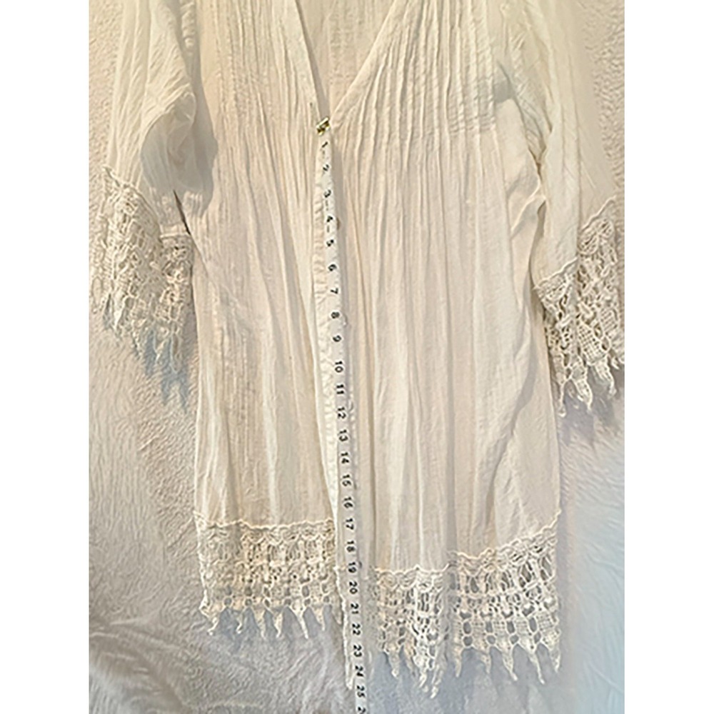 Blue Island White Cotton Lace Blouse Large Boho Button Front Crochet Trim - Picture 9 of 12